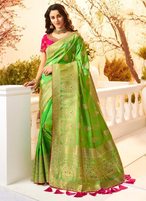 Buy Light Green Banarasi Silk Wedding Wear Zari Work Saree Online From ...