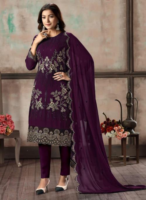 Wine Faux Georgette Party Wear Embroidery Work Churidar Suit