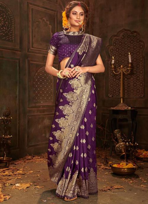 Buy Purple Soft Banarasi Silk Wedding Wear Zari Weaving Saree Online From  Wholesale Salwar.