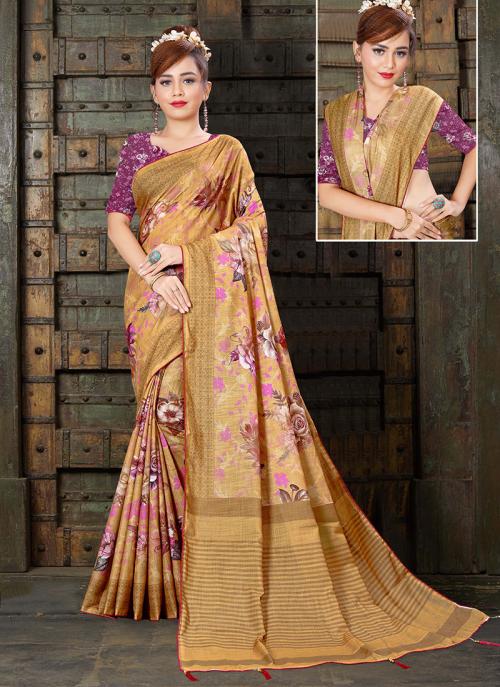 Golden Linen Silk Digital Print Casual Wear Saree