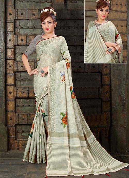 Light Grey Linen Silk Digital Printed Casual Wear Saree