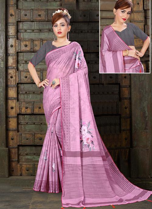 Pink Linen Silk Digital Print Casual Wear Saree
