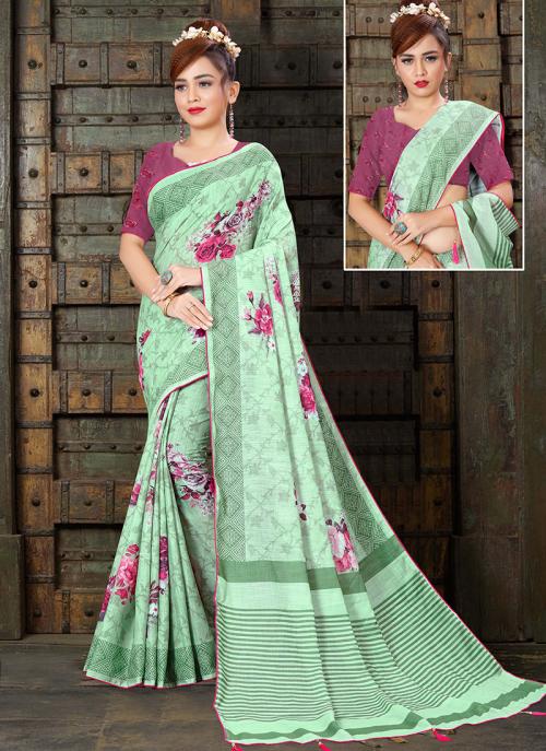 Pista Green Linen Silk Digital Print Casual Wear Saree