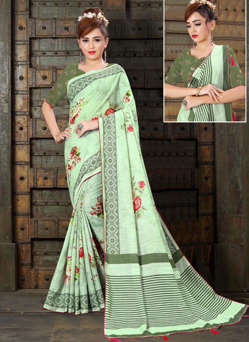 Sea Green Linen Silk Digital Print Casual Wear Saree