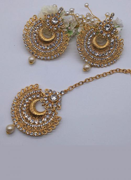 Buy New Designer Gold Plated Diamond Earrings With Maang Tikka