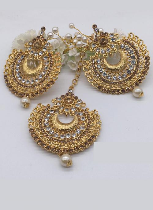Gold Plated Chandbali Design Earrings With Maang Tikka