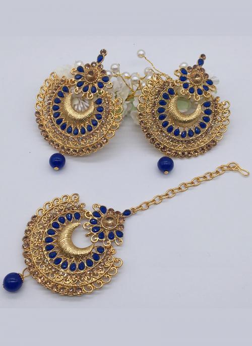 Navy Blue New Party Wear Earrings With Maang Tikka