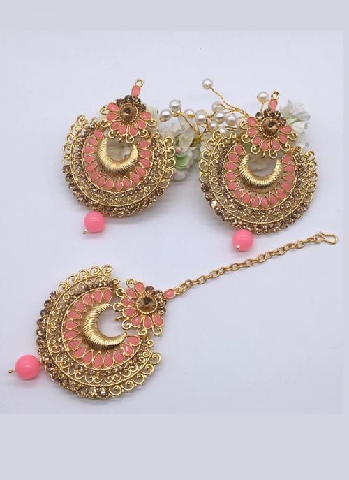 Pink Stone Studded Earrings With Maang Tikka