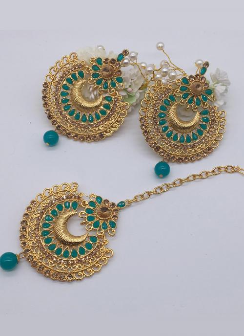 Teal Blue Classic Design Earrings With Maang Tikka