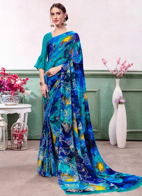 Buy Blue Synthetic Daily Wear Printed 