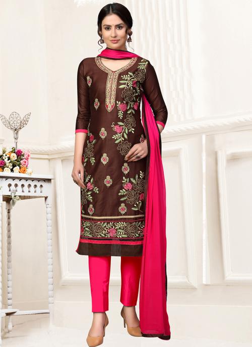 Brown Glace Cotton Casual Wear Multi Work Churidar Suit