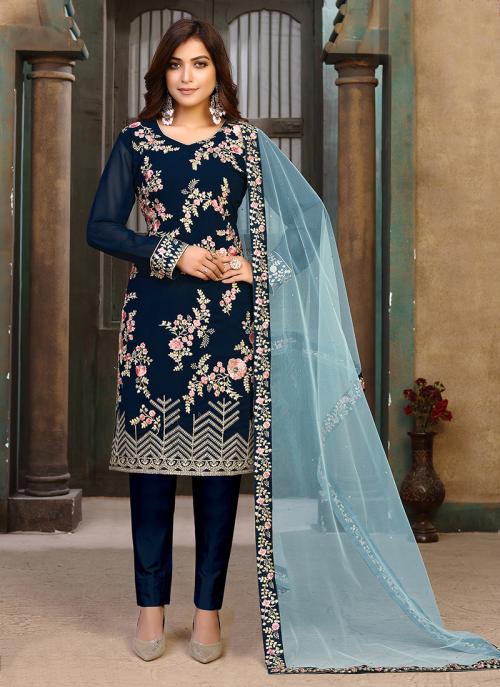 Navy Blue Faux Georgette Traditional Wear Embroidery Work Churidar Suit