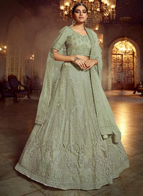 Buy Pista Green Net Wedding Wear Zarkan 