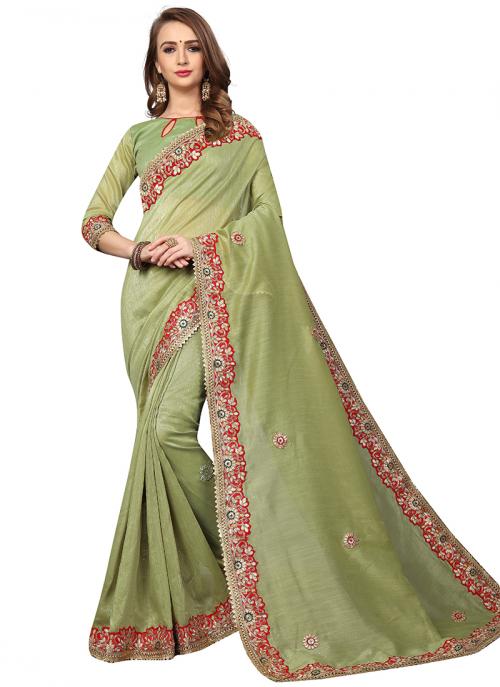 Pista Green Cotton Silk Party Wear Zari Resham Work Saree
