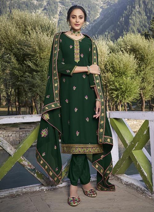 Green Faux Georgette Wedding Wear Embroidery Work Readymade Churidar Suit