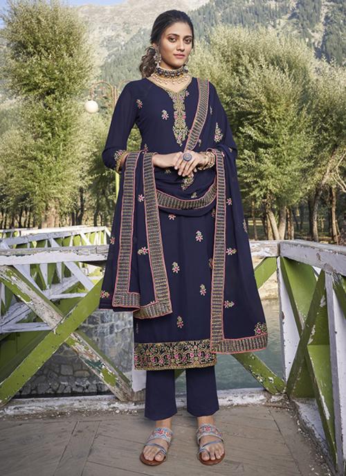 Navy Blue Faux Georgette Wedding Wear Embroidery Work Readymade Churidar Suit