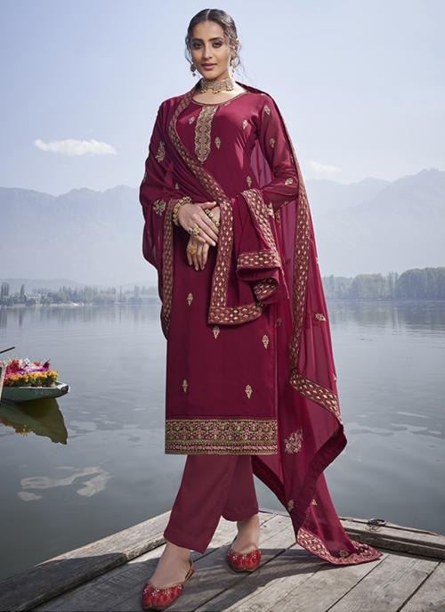 Rani Faux Georgette Wedding Wear Embroidery Work Readymade Churidar Suit