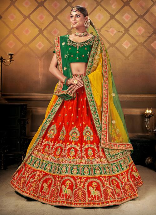 red and yellow bridal lehenga