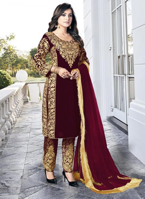 maroon velvet salwar suit