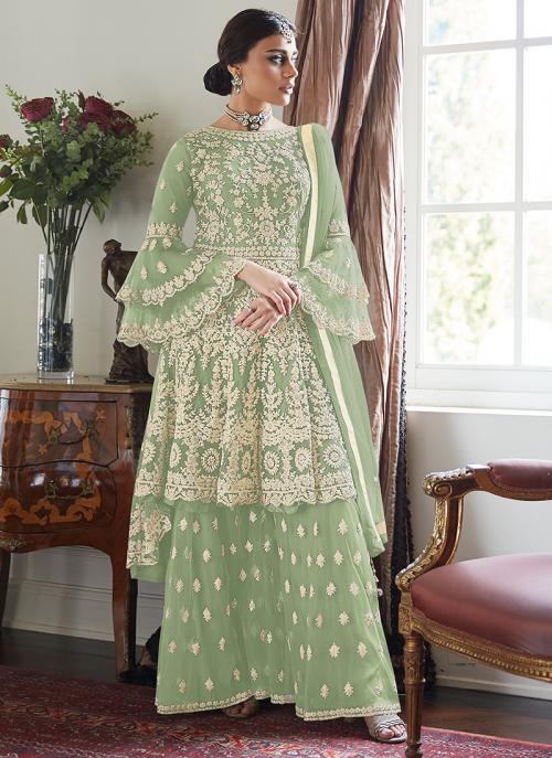 Light Green Net Wedding Wear Embroidery Work Sharara Suit