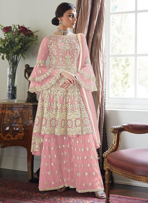Light Pink Net Wedding Wear Embroidery Work Sharara Suit