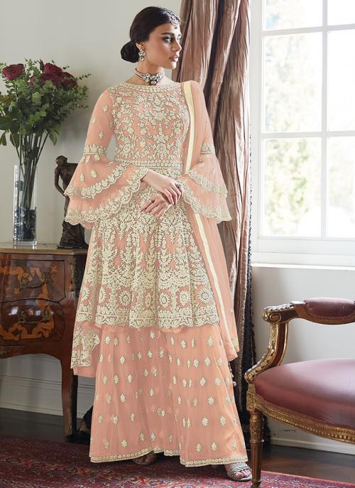 Peach Net Wedding Wear Embroidery Work Sharara Suit