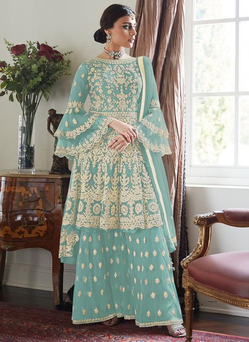 Sky Blue Net Wedding Wear Embroidery Work Sharara Suit