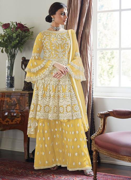 Yellow Net Wedding Wear Embroidery Work Sharara Suit