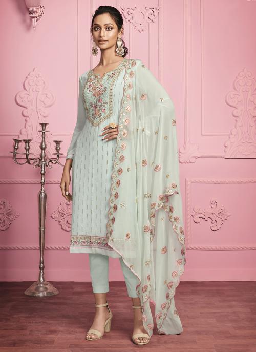 Teal Blue Georgette Party Wear Embroidery Work Churidar Suit