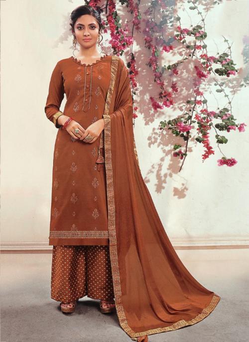 Brown Silk Casual Wear Embroidery Work Salwar Suit