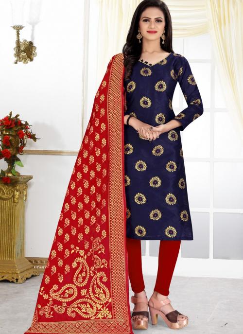 Blue Banarasi Silk Party Wear Weaving Churidar Suit