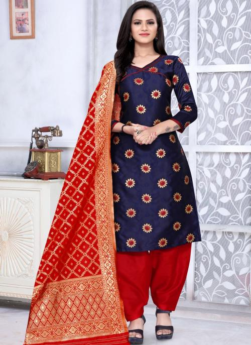 Blue Banarasi Silk Festival Wear Weaving Churidar Suit