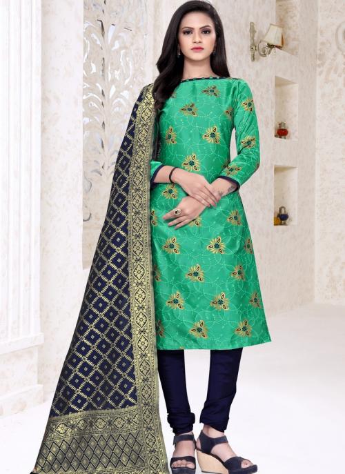 Green Banarasi Silk Festival Wear Weaving Churidar Suit