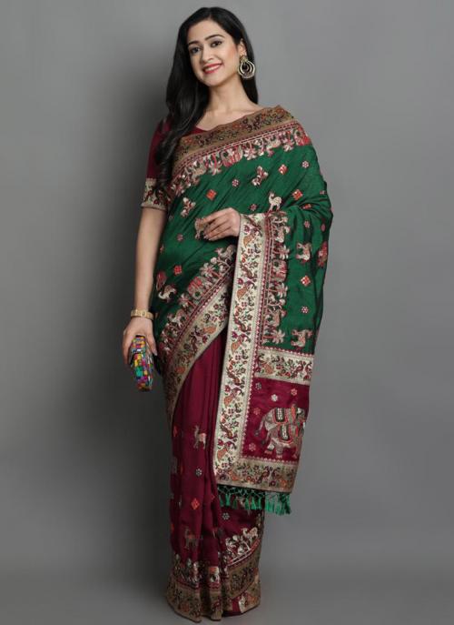 Buy Dark Green Soft Silk Wedding Wear Embroidery Work Half N Half Saree Online From Wholesale Salwar