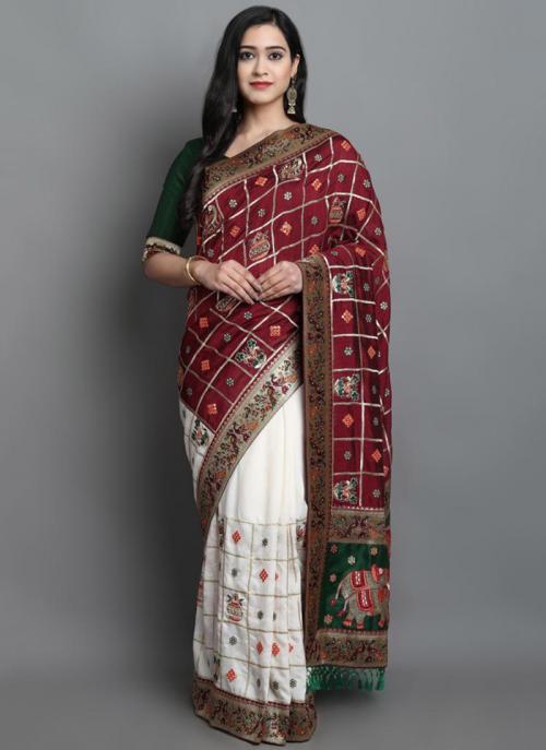 Buy Maroon Soft Silk Reception Wear Embroidery Work Half N Half Saree Online From Wholesale Salwar