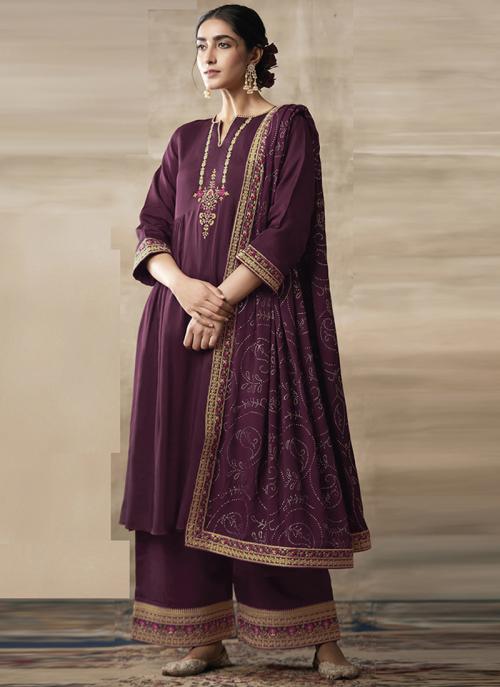 Buy Purple Heavy Cotton Traditional Wear Embroidery Work Palazzo Suit ...