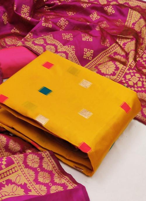 Yellow Banarasi Silk Casual Wear Weaving Dress Material
