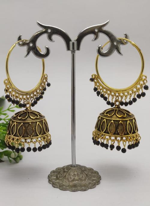 Black Designer Gold Plated Jhumka Earrings