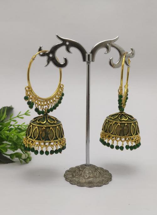 Bottle Green Designer Gold Plated Jhumka Earrings