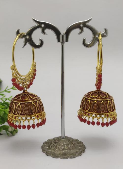 Dark Pink Designer Gold Plated Jhumka Earrings