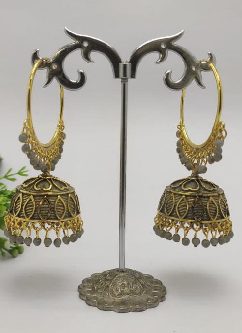 Grey Designer Gold Plated Jhumka Earrings