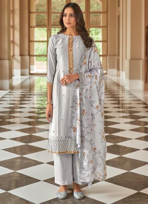 Grey Cotton Festival Wear Embroidery Work Salwar Suit