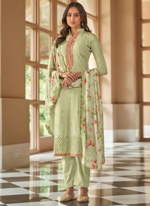 Pista green Cotton Festival Wear Embroidery Work Salwar Suit