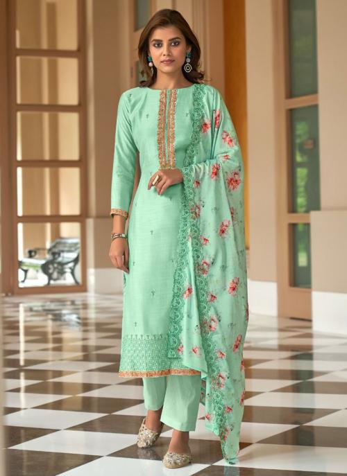 Turquoise Blue Cotton Festival Wear Embroidery Work Salwar Suit