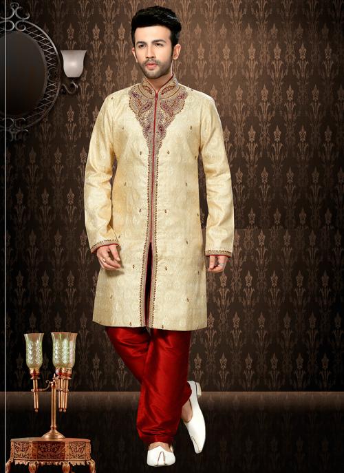 Gold  Giccha Silk Wedding Wear Embroidery Work Sherwani