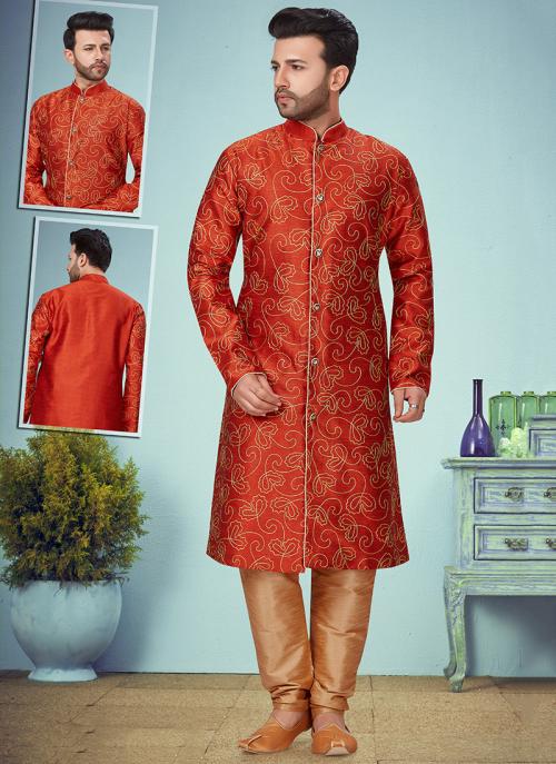 Rust Zarna silk Wedding Wear Weaving Kurta Pajama