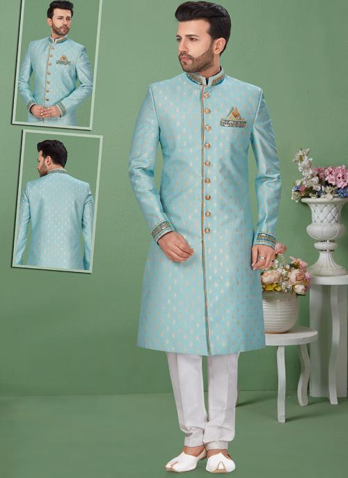 Blue Banarasi Jaquard Wedding Wear Weaving Sherwani