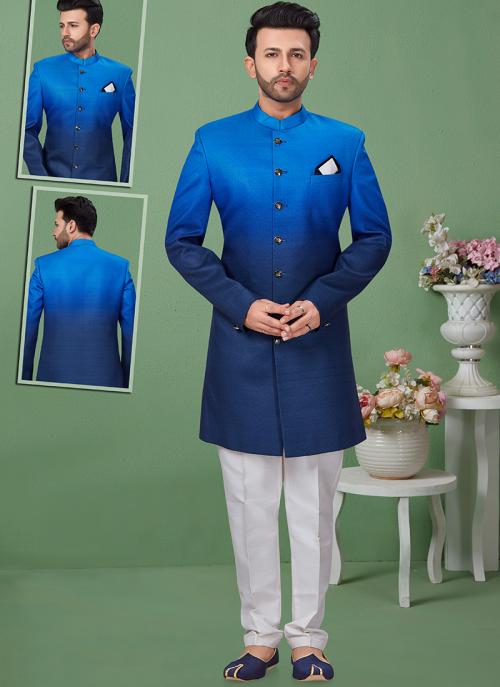 Blue Imported Wedding Wear Weaving Sherwani