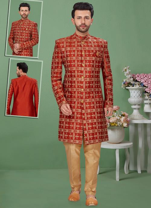 Rust Dupion Silk Wedding Wear Weaving Sherwani