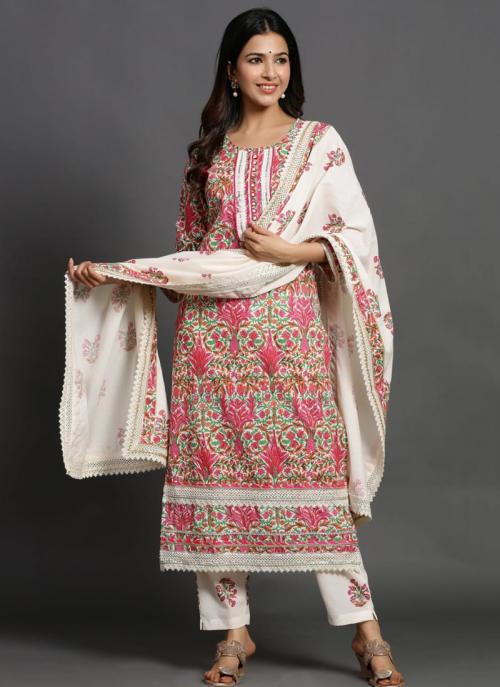 Light Pink Muslin Cotton Traditional Wear Printed Work Readymade Salwar Suit
